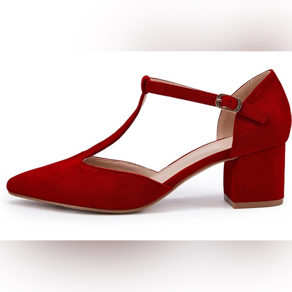 Huiyuzhi Womens T-Strap Pumps Pointed Toe Ankle Buckle Chunky Block Heel red - Picture 2 of 3